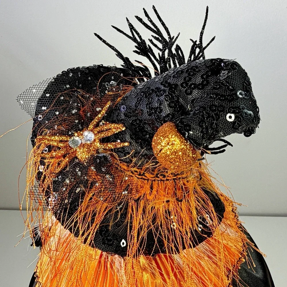 Halloween Witch Tree Topper Tabletop Figure Orange Black Whimsical Witchcore 16